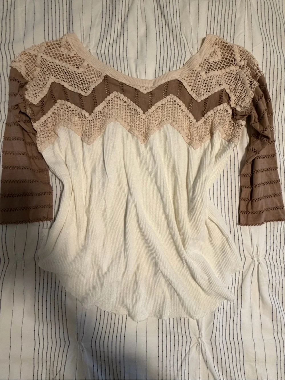 Free People Cream Ribbed 3/4 Sleeve Tee with Taupe Crochet Yoke